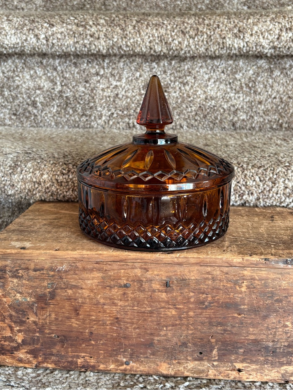 Amber Cut Glass Lidded Candy Dish